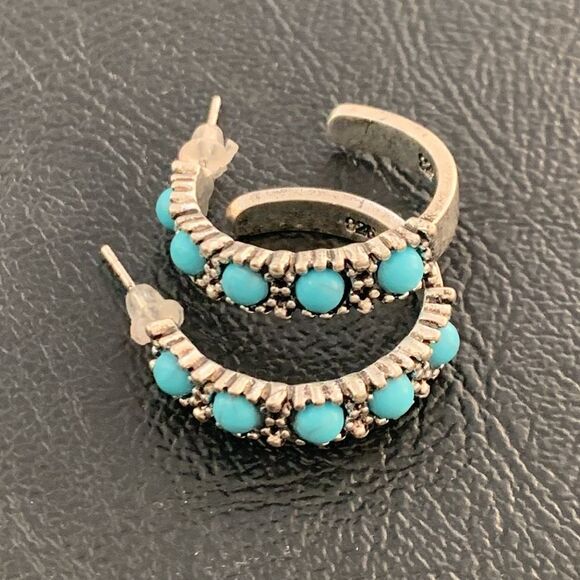 Western Hopi Navajo Style Faux Turquoise & Sterling Silver 925 Hoop Earrings NEW - Picture 4 of 12